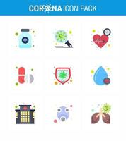 iconos de conjunto de prevención de coronavirus 9 icono de color plano como píldoras de cápsula tiempo de medicina de virus coronavirus viral 2019nov elementos de diseño de vector de enfermedad