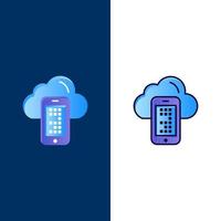 iconos de celdas móviles de computación en la nube conjunto de iconos rellenos de línea y plana fondo azul vectorial vector