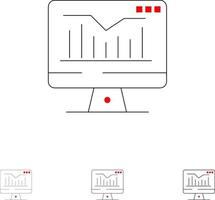 monitor de gráfico estático de computadora conjunto de iconos de línea negra en negrita y delgada vector