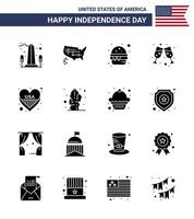 16 USA Solid Glyph Pack of Independence Day Signs and Symbols of heart wine glass usa wine meal Editable USA Day Vector Design Elements