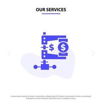 nuestros servicios finanzas empresariales reforma del mercado de ingresos icono de glifo sólido plantilla de tarjeta web vector