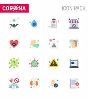 Conjunto de 16 colores planos de iconos epidémicos del virus de la corona, como la lista de verificación de signos cardíacos, el plan de compras, el coronavirus viral 2019nov, los elementos de diseño del vector de la enfermedad