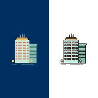 edificio rascacielos oficina top iconos plano y línea llena conjunto de iconos vector fondo azul