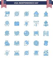 4th July USA Happy Independence Day Icon Symbols Group of 25 Modern Blues of badge sweet bird muffin cake Editable USA Day Vector Design Elements