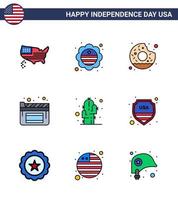 Happy Independence Day USA Pack of 9 Creative Flat Filled Lines of plant cactus donut film cinema Editable USA Day Vector Design Elements