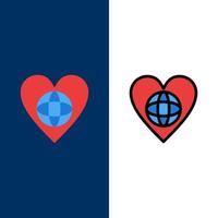 ecología medio ambiente mundo corazón como iconos planos y llenos de línea conjunto de iconos vector fondo azul