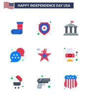 Happy Independence Day Pack of 9 Flats Signs and Symbols for american chat bubble bank star flag Editable USA Day Vector Design Elements