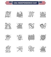 Set of 16 Modern Lines pack on USA Independence Day landmark american tourism sticks drum Editable USA Day Vector Design Elements