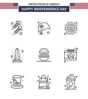 feliz día de la independencia 4 de julio conjunto de 9 líneas pictografía americana de burger usa vista americana punto de referencia elementos de diseño vectorial del día de estados unidos editables vector