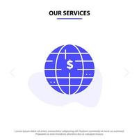 Our Services Future Of Money Bitcoin Block chain Crypto currency Decentralized Solid Glyph Icon Web card Template vector