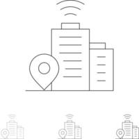 Building Wifi Location Bold and thin black line icon set vector