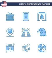 USA Happy Independence DayPictogram Set of 9 Simple Blues of building sign alert map american Editable USA Day Vector Design Elements