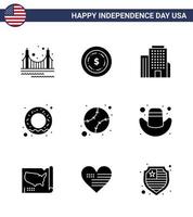 conjunto de pictogramas del día de la independencia de estados unidos de 9 glifos sólidos simples del edificio de béisbol unido comida americana editable elementos de diseño vectorial del día de estados unidos vector