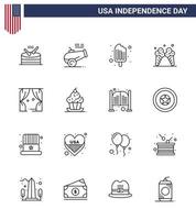 Line Pack of 16 USA Independence Day Symbols of leisure american cold cream icecream Editable USA Day Vector Design Elements