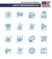 Happy Independence Day 4th July Set of 16 Blues American Pictograph of director usa pipe party cake Editable USA Day Vector Design Elements