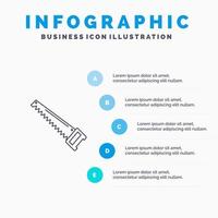 sierra mano bade construcción herramientas línea icono con 5 pasos presentación infografía fondo vector