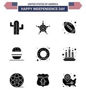 Group of 9 Solid Glyphs Set for Independence day of United States of America such as food usa ball american burger Editable USA Day Vector Design Elements