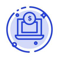 icono de línea de línea punteada azul de dinero de dólar portátil vector