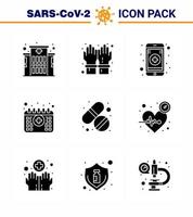 Coronavirus Prevention Set Icons 9 Solid Glyph Black icon such as care pill online medicine medical viral coronavirus 2019nov disease Vector Design Elements