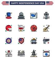 feliz día de la independencia paquete de ee.uu. de 16 líneas planas llenas creativas de casco mapa americano iglesia elementos de diseño vectorial editables del día de ee.uu. vector