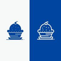 pastel postre muffin dulce acción de gracias línea y glifo icono sólido banner azul línea y glifo icono sólido banner azul vector