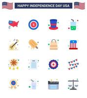 Group of 16 Flats Set for Independence day of United States of America such as usa guiter cap cola drink Editable USA Day Vector Design Elements