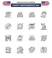 16 Line Signs for USA Independence Day nutrition donut french fries states american Editable USA Day Vector Design Elements