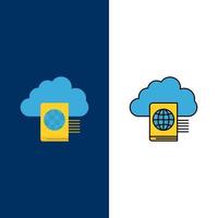 Cloud Reading Folder Upload  Icons Flat and Line Filled Icon Set Vector Blue Background