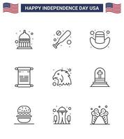 paquete de 9 líneas de celebración del día de la independencia de EE. UU. Signos y símbolos del 4 de julio, como gorra de pájaro de la muerte, animal, elementos de diseño de vectores del día de EE. UU. editables estadounidenses