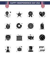 16 signos de glifo sólido para papas fritas del día de la independencia de EE. UU. Elementos de diseño vectorial editables del país de EE. UU. vector