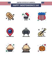 Modern Set of 9 Flat Filled Lines and symbols on USA Independence Day such as holiday celebration investigating barbeque map Editable USA Day Vector Design Elements