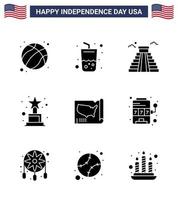 Set of 9 Modern Solid Glyphs pack on USA Independence Day united map building trophy achievement Editable USA Day Vector Design Elements