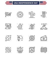 usa feliz día de la independencia pictograma conjunto de 16 líneas simples de papel del día insignia militar de los ee.uu. editable elementos de diseño del vector del día de los ee.uu.