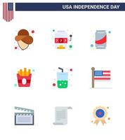 Group of 9 Flats Set for Independence day of United States of America such as cola drink can glass food Editable USA Day Vector Design Elements