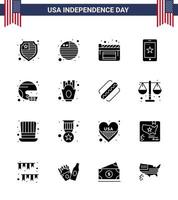 Happy Independence Day Pack of 16 Solid Glyphs Signs and Symbols for state helmet film football ireland Editable USA Day Vector Design Elements