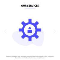 Our Services Gear Setting Lock Support Solid Glyph Icon Web card Template vector