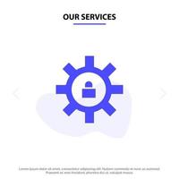 Our Services Gear Setting Lock Support Solid Glyph Icon Web card Template vector