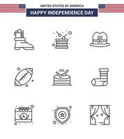 Line Pack of 9 USA Independence Day Symbols of music drum hat usa footbal Editable USA Day Vector Design Elements