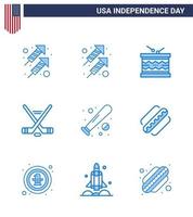 Pack of 9 USA Independence Day Celebration Blues Signs and 4th July Symbols such as usa bat st baseball american Editable USA Day Vector Design Elements