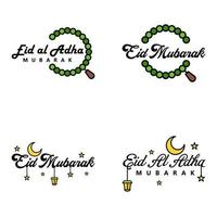 paquete de eid mubarak de 4 diseños islámicos con caligrafía árabe y adorno aislado sobre fondo blanco eid mubarak de caligrafía árabe vector