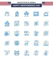 Happy Independence Day 4th July Set of 25 Blues American Pictograph of rail cart celebration usa states Editable USA Day Vector Design Elements