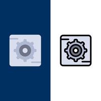 iconos de caja de ajuste de engranajes planos y conjunto de iconos llenos de línea vector fondo azul