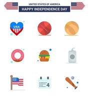 USA Independence Day Flat Set of 9 USA Pictograms of food burger football nutrition donut Editable USA Day Vector Design Elements