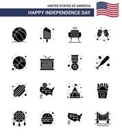 feliz día de la independencia usa paquete de 16 glifos sólidos creativos de deportes baloncesto barbacoa copa de vino cerveza elementos de diseño vectorial del día de estados unidos editables vector