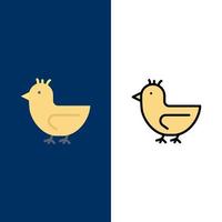 pato, ganso, cisne, primavera, iconos, plano, y, línea, lleno, icono, conjunto, vector, fondo azul vector