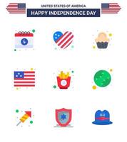 USA Independence Day Flat Set of 9 USA Pictograms of fries fast cake usa country Editable USA Day Vector Design Elements