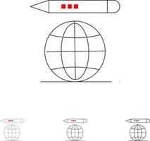 World Education Globe Pencil Bold and thin black line icon set vector