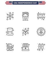 Set of 9 Modern Lines pack on USA Independence Day police badge festival magic hat cap Editable USA Day Vector Design Elements