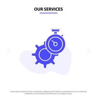 nuestros servicios temporizador tiempo configuración de engranaje reloj icono de glifo sólido plantilla de tarjeta web vector