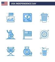 USA Independence Day Blue Set of 9 USA Pictograms of flag statue world of landmarks Editable USA Day Vector Design Elements